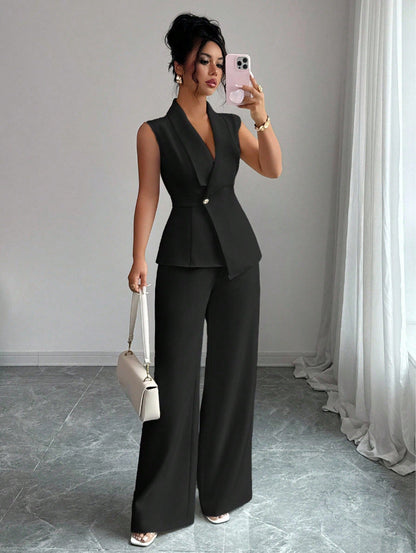Women's Sleeveless Blazer & Straight-Leg Pants Two-Piece Set FitiqueFit