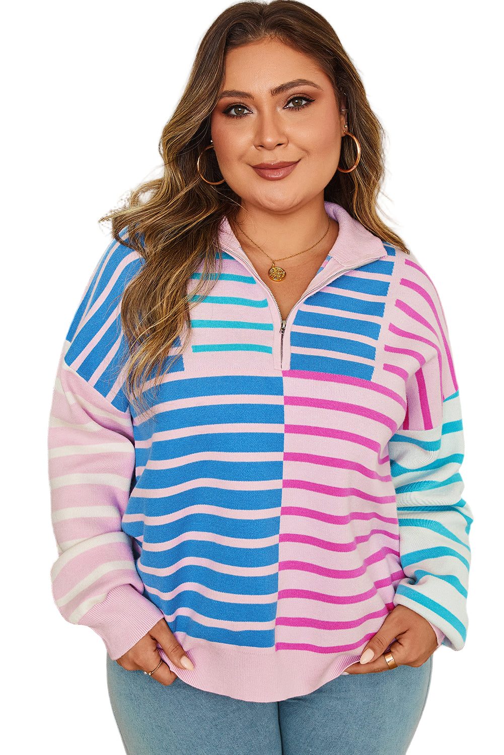 Sky Blue Stripe Colorblock Patchwork Plus Size Half Zip Sweater Garden Naked Curves