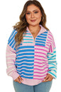 Sky Blue Stripe Colorblock Patchwork Plus Size Half Zip Sweater Garden Naked Curves