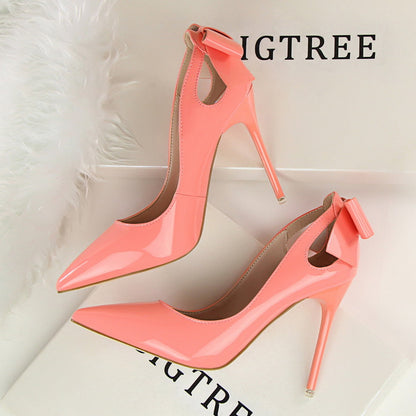 Women's Solid Color Cutout Back Bow High Heels See size chart under “more details” The Fashion Celestial