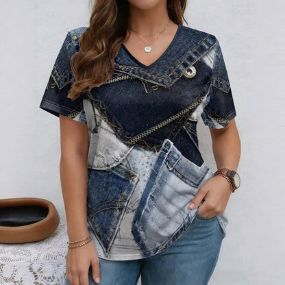 V-Neck Denim Print Short Sleeve T-Shirt | Loose Casual Tee FitiqueFit