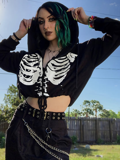 [Fashion Short Sleeve] Gothic Skull Print Women's Casual Hoodie | Long Sleeve Drawstring Top NovaCart