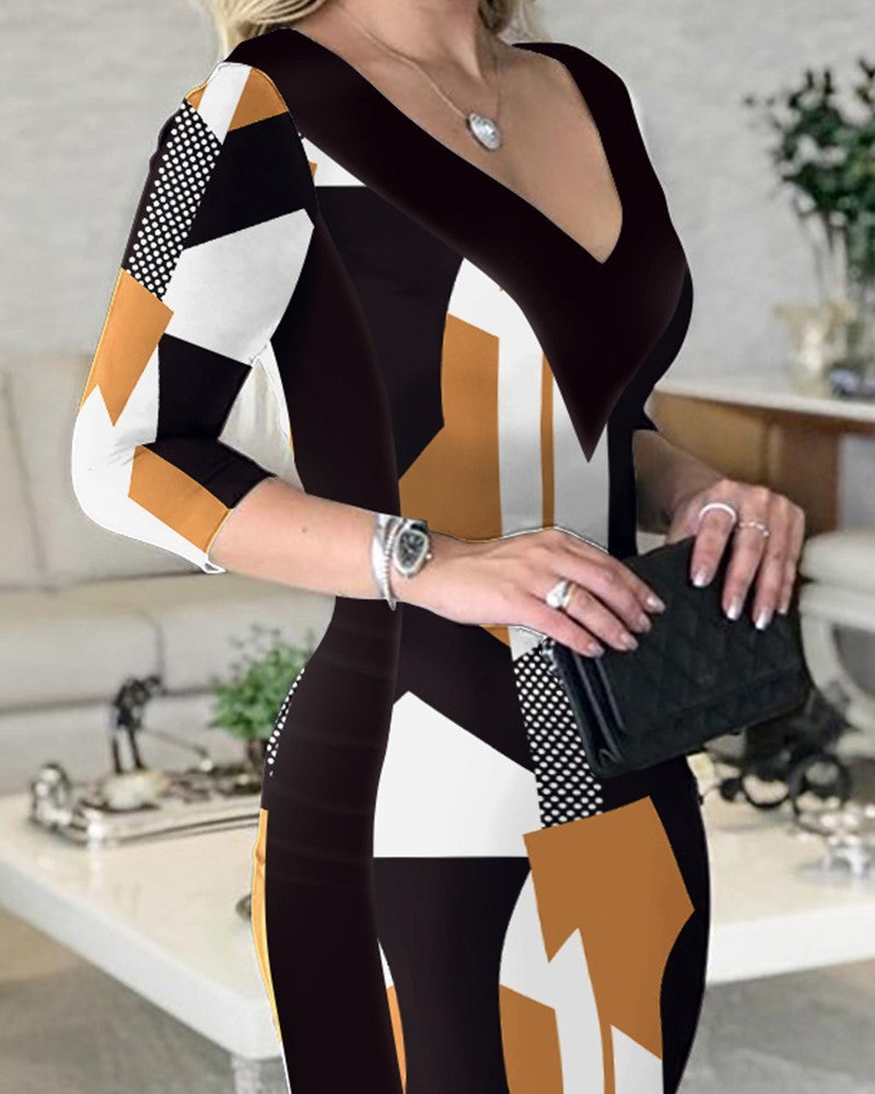 Printed Wrap Hip Skirt V-neck Dress Grayceful LLC