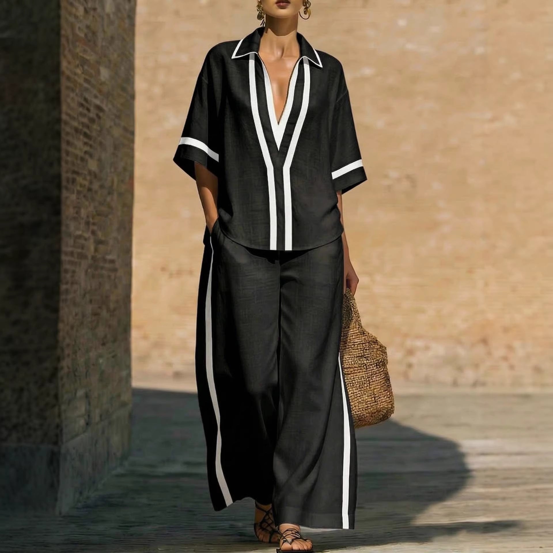 Women’s Color Block Shirt and Wide-Leg Pants Set FitiqueFit