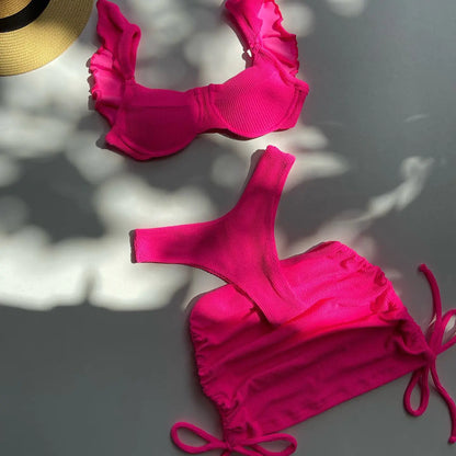 Women's Solid Color Three-Piece Bikini Set