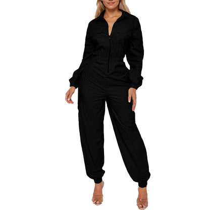 Flip Pocket Elastic Waist-tightening Zipper Jumpsuit Grayceful LLC