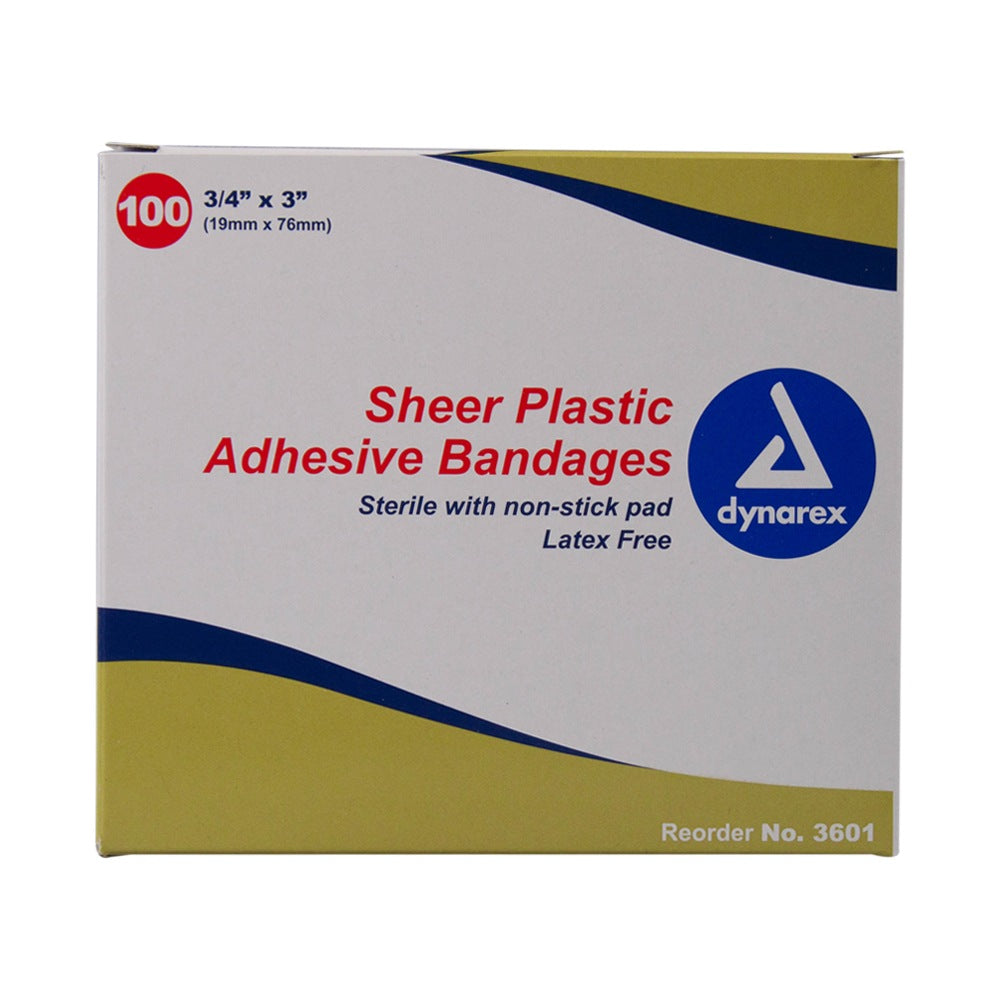 Sheer Plastic Adhesive Bandages  Sterile, 3/4" x 3", Box of 100 quakekits.com