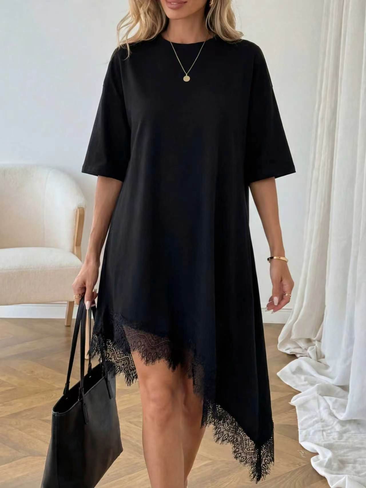 Women's Lace Trim Asymmetric Three-Quarter Sleeve Dress FitiqueFit