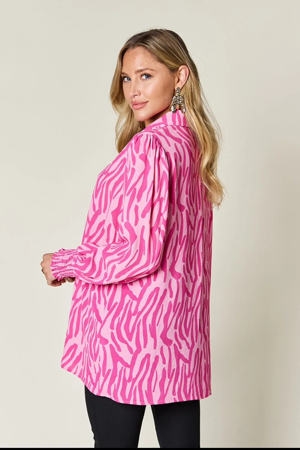 Double Take Full Size Printed Smocked Long Sleeve Blouse Plus Size New Era Fashion LLc