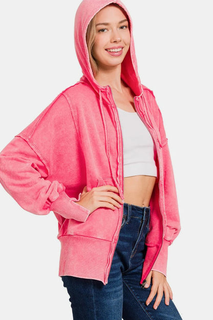 Zenana Acid Washed French Terry Zip-Up Hoodie with Pockets West2East Surf