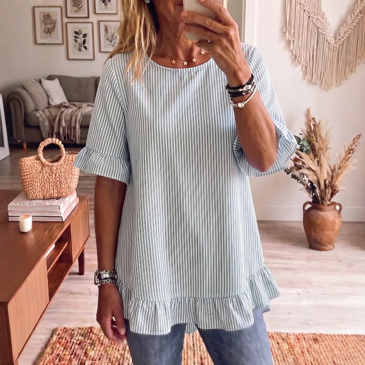Women's Striped Ruffle-Sleeve Loose-Fit Blouse – Three-Quarter Sleeve FitiqueFit