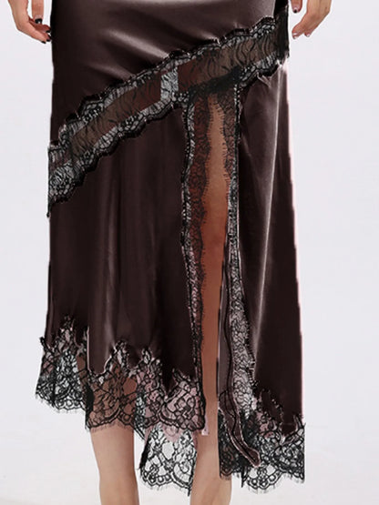 Lace Trim Asymmetrical Midi Skirt See size chart under “more details” The Fashion Celestial