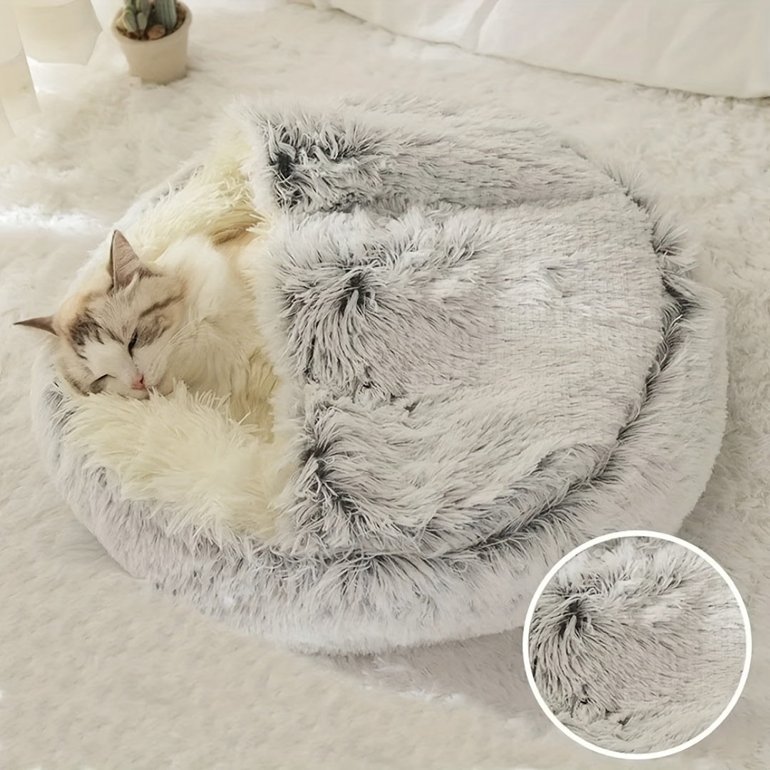 2 in 1 Round Warm Pet Bed House Polyester Cat Bed, Long Plush, Winter, with Sleeping Bag Sofa Cushion for Cat NovaCart