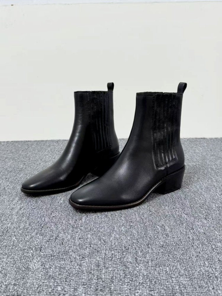 Women’s Retro Square-Toe Mid-Heel Chunky Leather Boots FitiqueFit