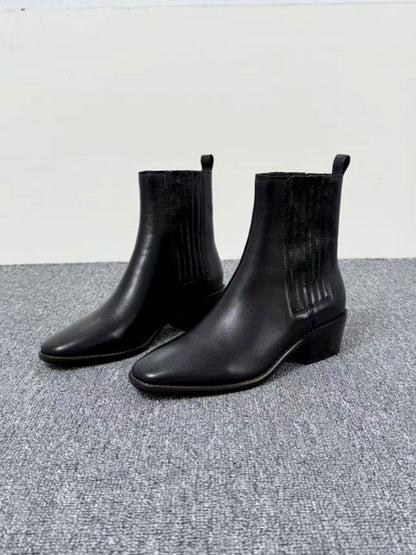 Women’s Retro Square-Toe Mid-Heel Chunky Leather Boots FitiqueFit