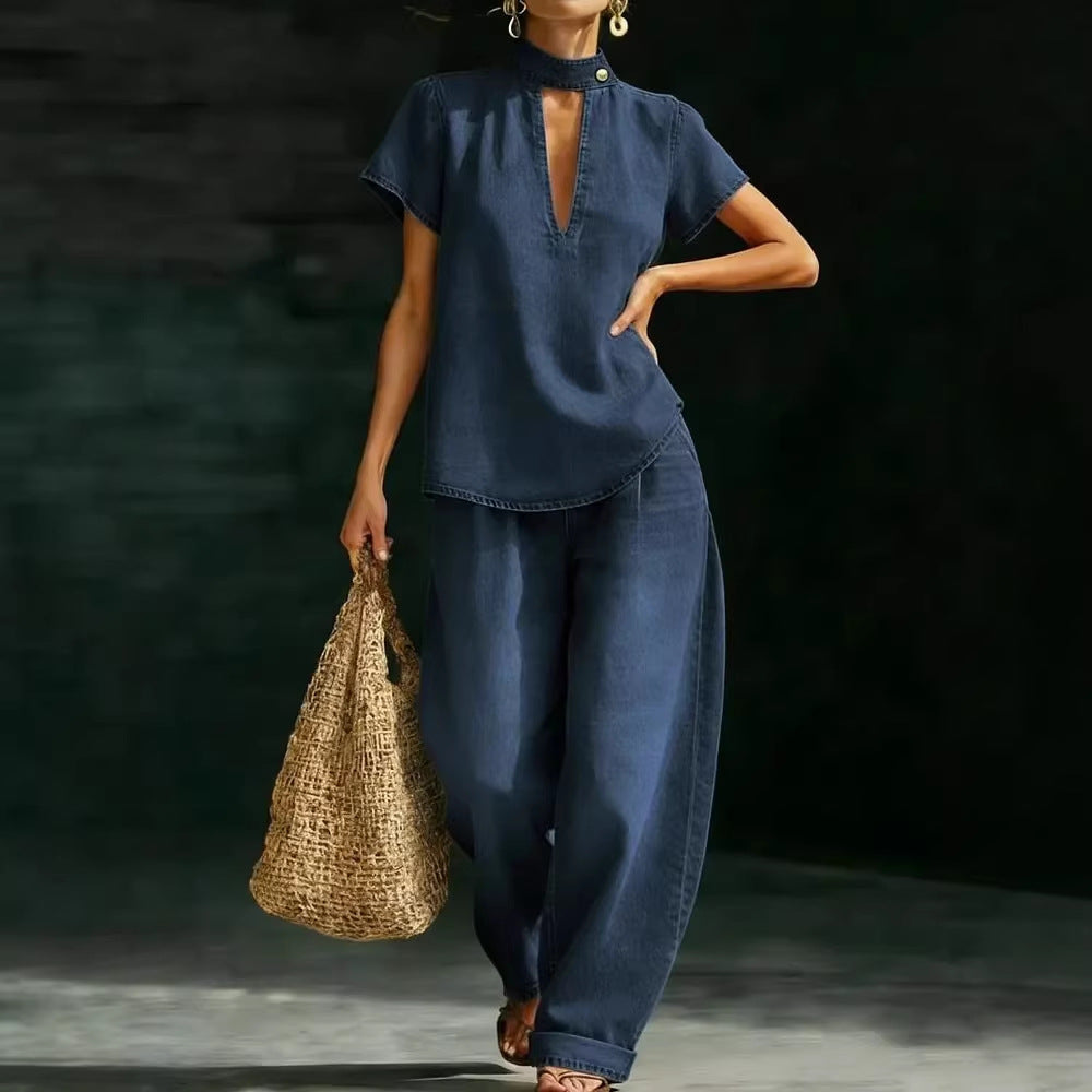 Faux Denim Two-Piece Set – Loose-Fit Short-Sleeve & Pants FitiqueFit
