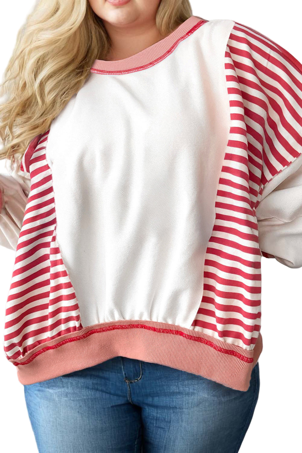 Red Stripe Color Block Patchwork Seam Detail Plus Size Sweatshirt Garden Naked Curves