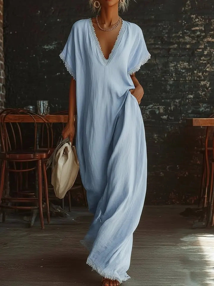Lace-Trimmed Loose Linen Cotton Long Dress for Women FitiqueFit