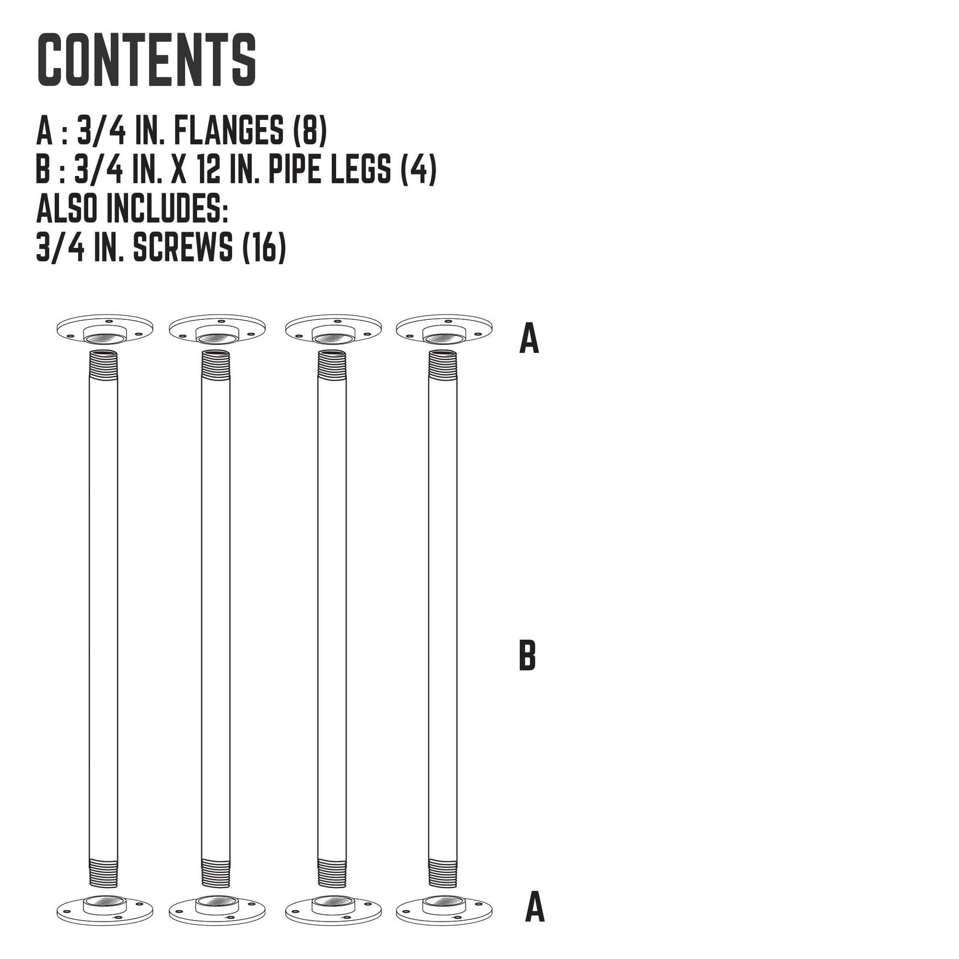 ¾ in. x 12 in. Round Flange Pipe Table Legs - 4 Pack PIPE DECOR