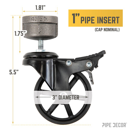 Swivel Caster Wheels for  1” Pipe with Locking Mechanism (4-Pack) PIPE DECOR