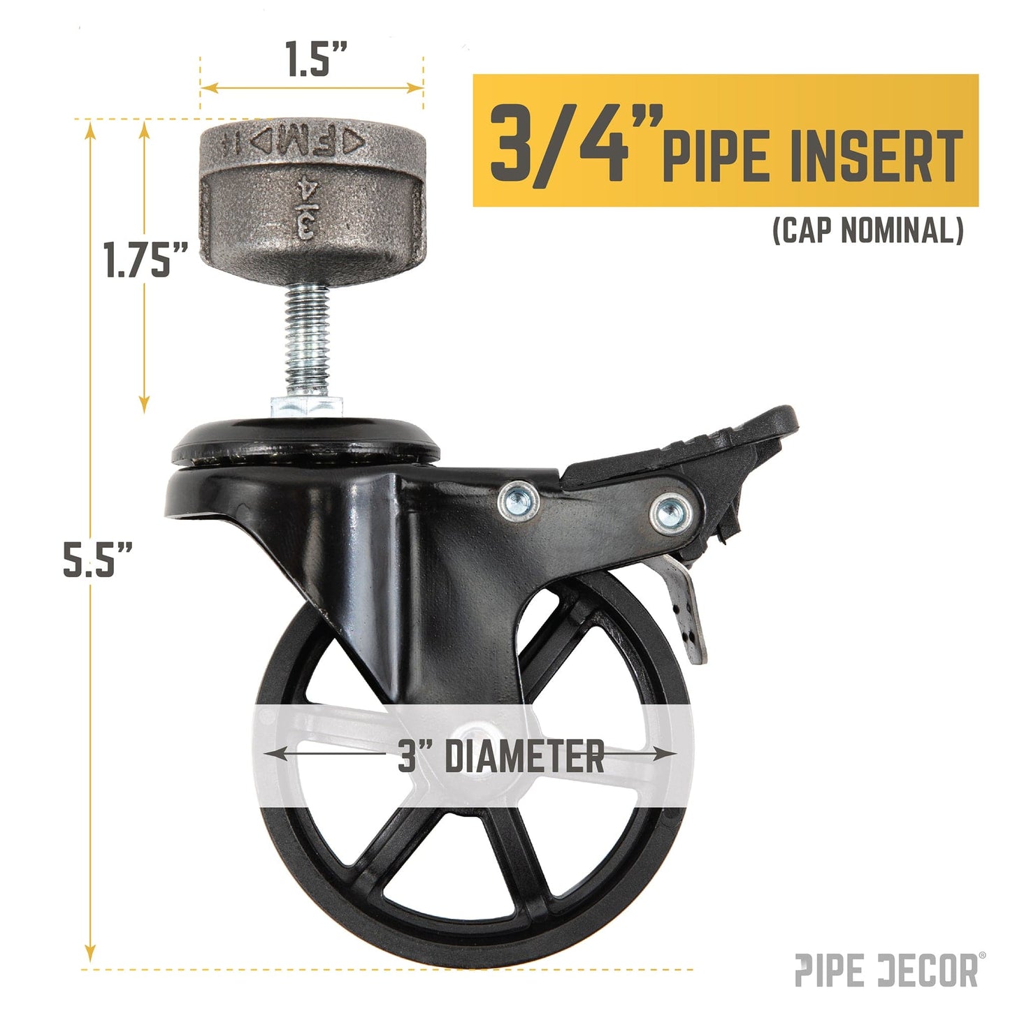 Swivel Caster Wheels for  ¾” Pipe with Locking Mechanism (4-Pack) PIPE DECOR