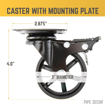 Mounted Swivel Caster Wheels for Wood Furniture with Locking Mechanism (4-Pack) PIPE DECOR