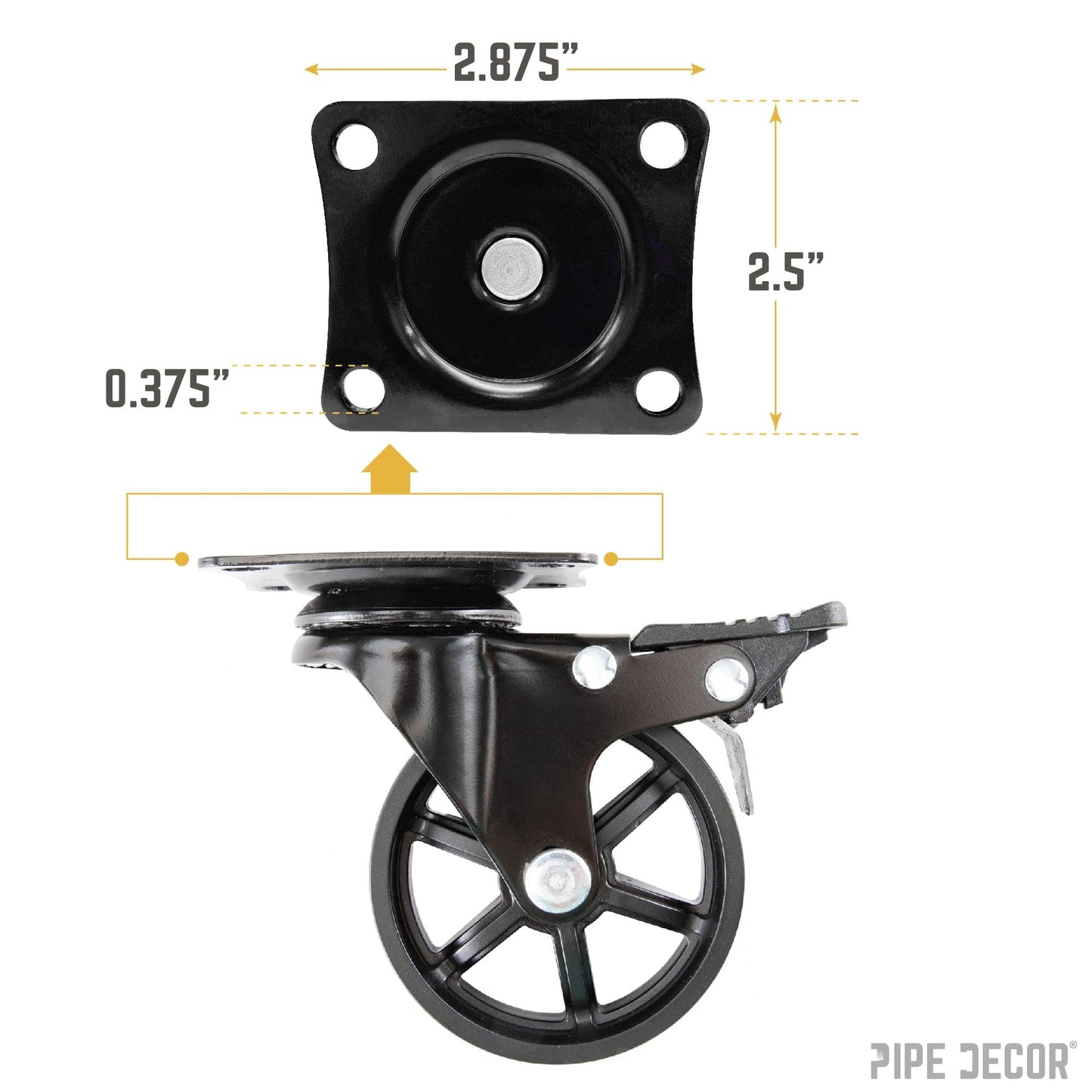 Mounted Swivel Caster Wheels for Wood Furniture with Locking Mechanism (4-Pack) PIPE DECOR