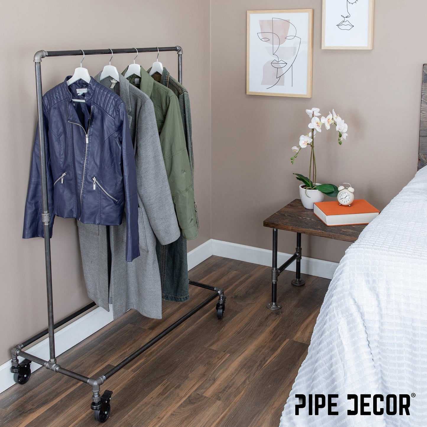 58 in. Rolling Single Rod Clothing Rack PIPE DECOR