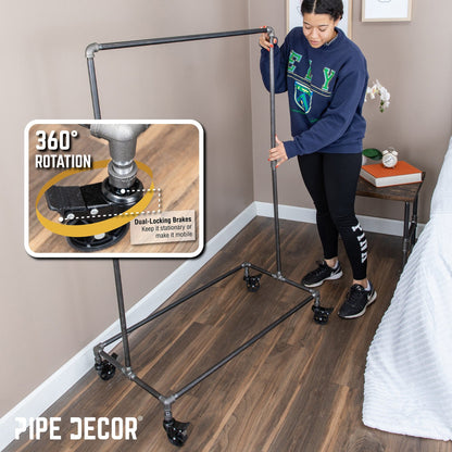58 in. Rolling Single Rod Clothing Rack PIPE DECOR