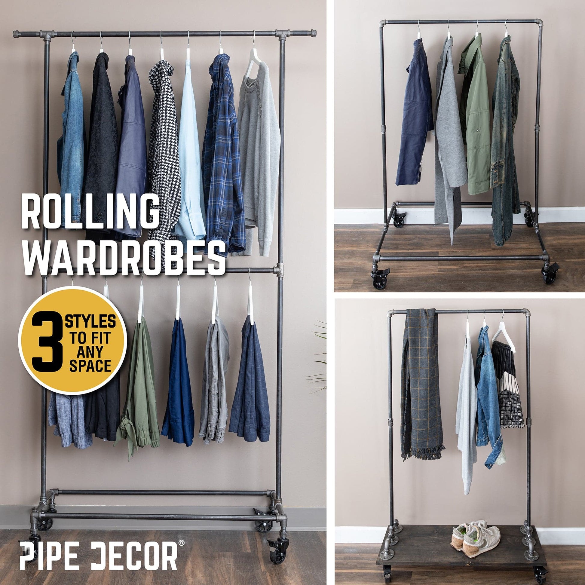 58 in. Rolling Single Rod Clothing Rack PIPE DECOR