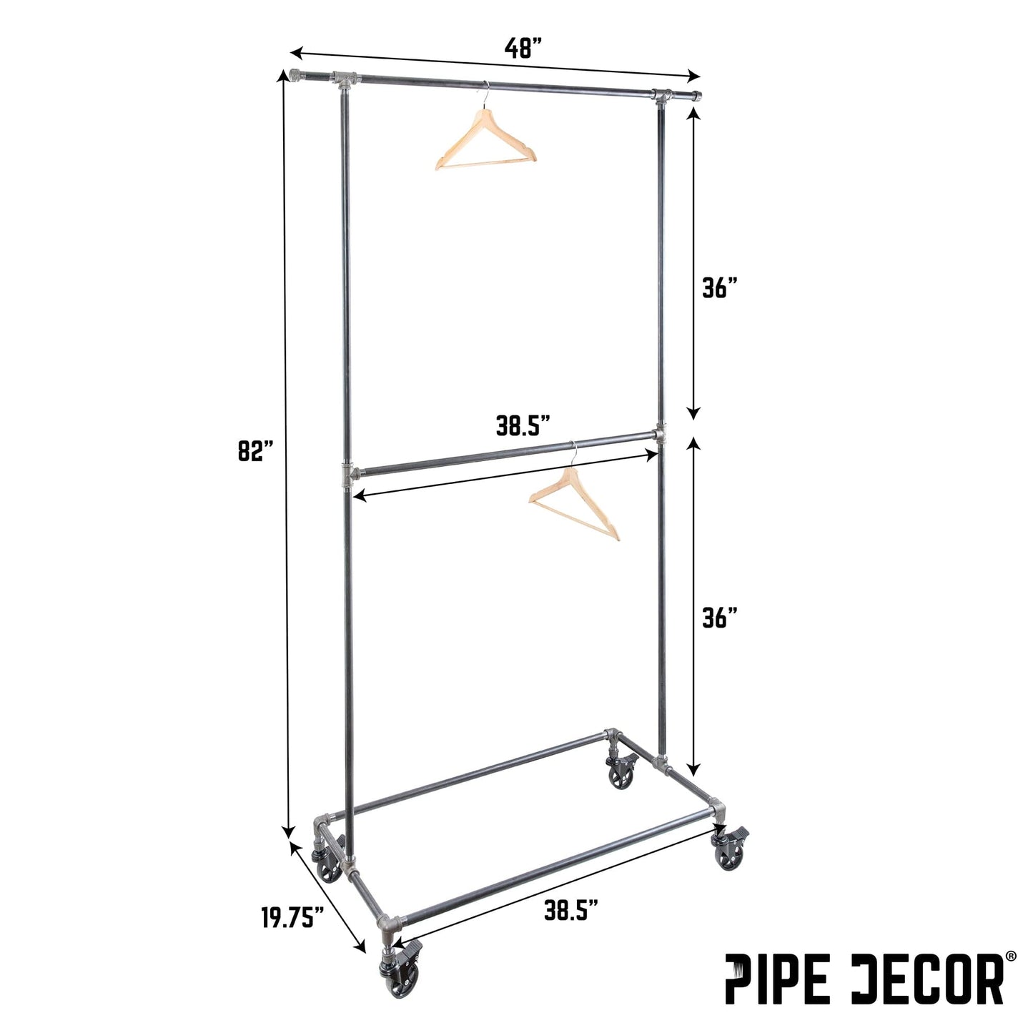 82 in. Rolling Double Rod Clothing Rack PIPE DECOR
