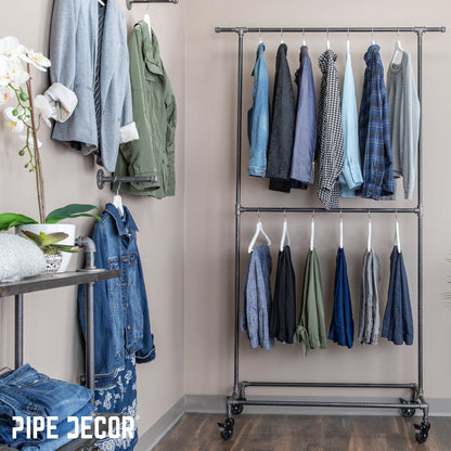 82 in. Rolling Double Rod Clothing Rack PIPE DECOR