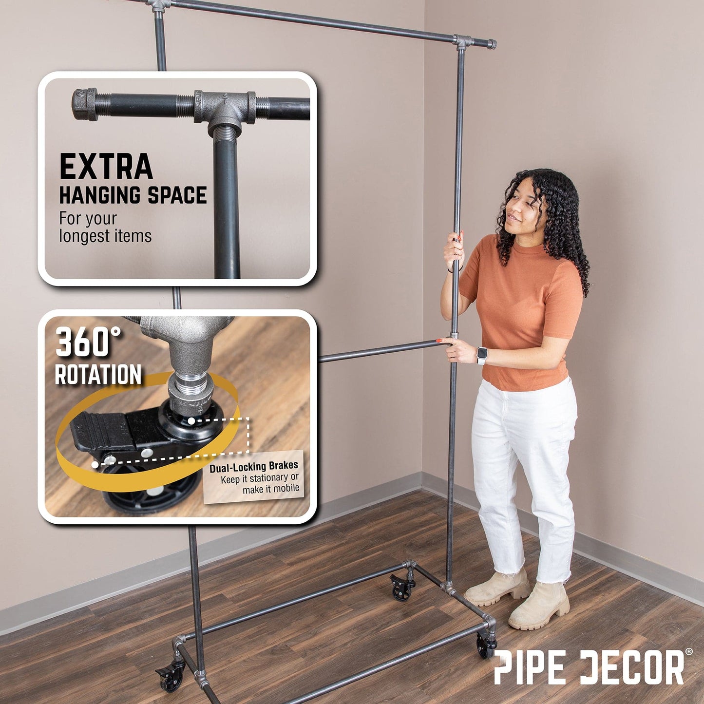 82 in. Rolling Double Rod Clothing Rack PIPE DECOR