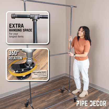 82 in. Rolling Double Rod Clothing Rack PIPE DECOR
