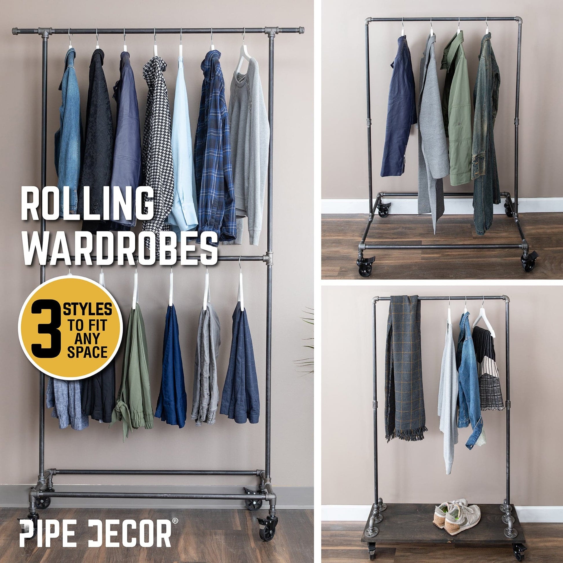 82 in. Rolling Double Rod Clothing Rack PIPE DECOR