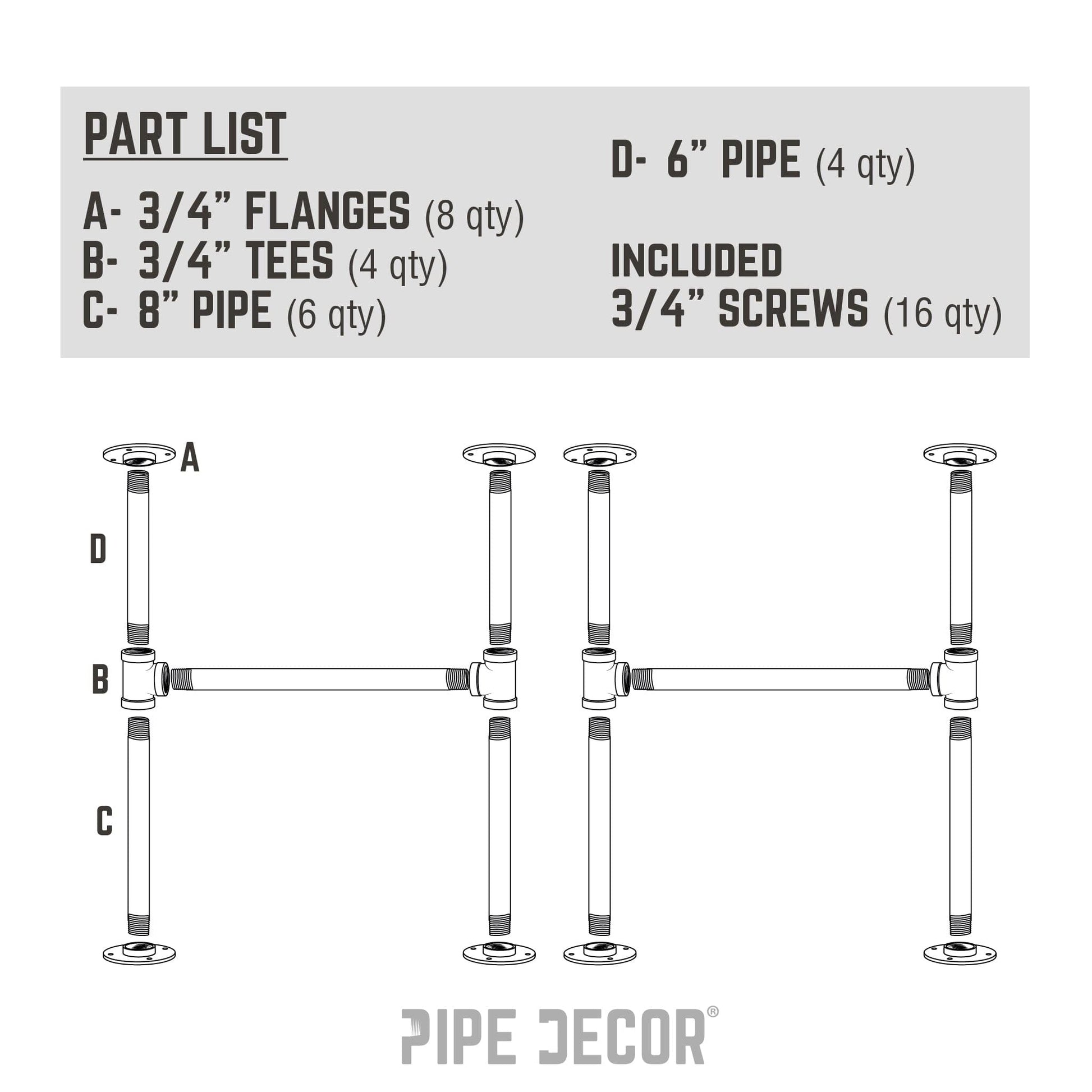 3/4 in. H Round Flange Pipe Kit for Coffee Table/Bench Legs PIPE DECOR