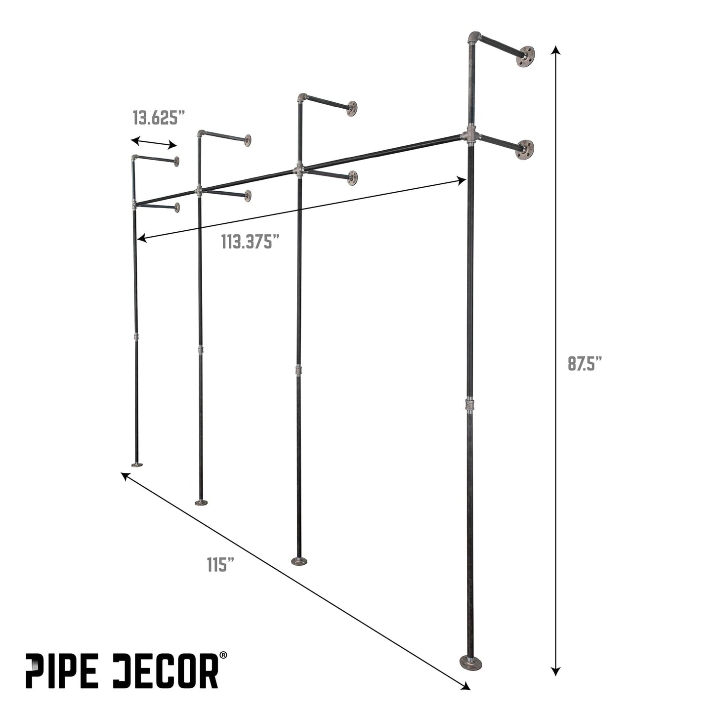 115 in. Wall Mounted Clothing Rack, Triple PIPE DECOR