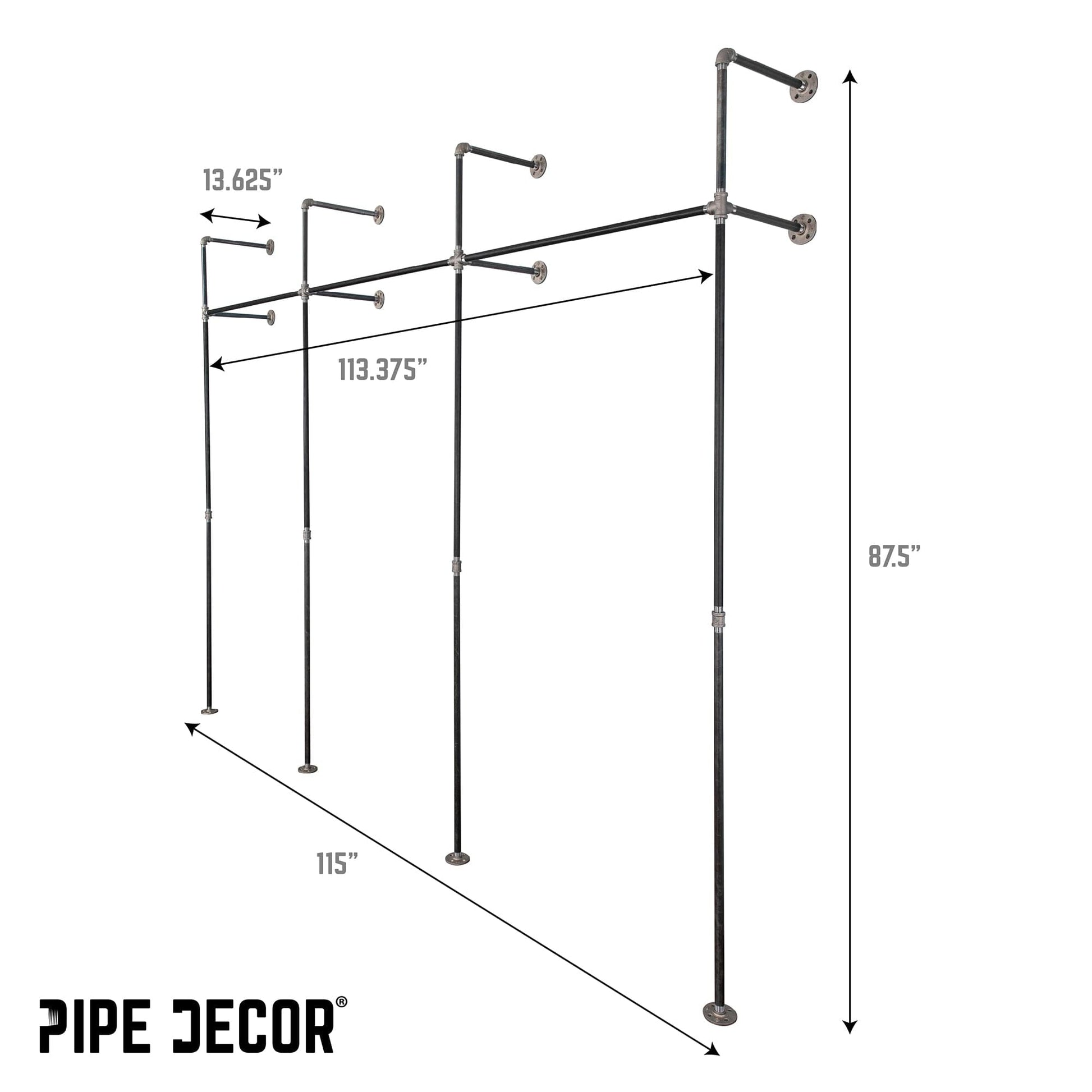 115 in. Wall Mounted Clothing Rack, Triple PIPE DECOR