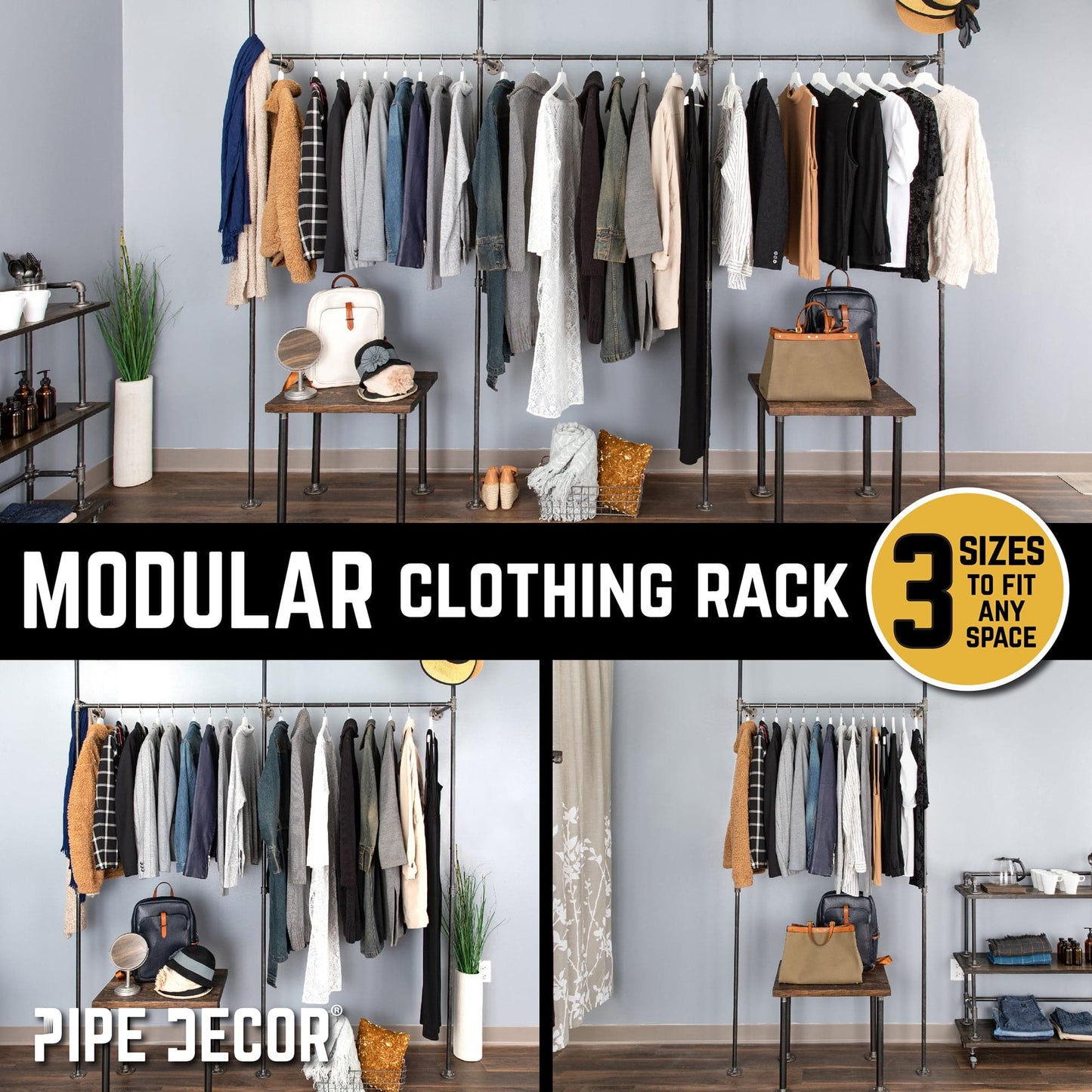 115 in. Wall Mounted Clothing Rack, Triple PIPE DECOR