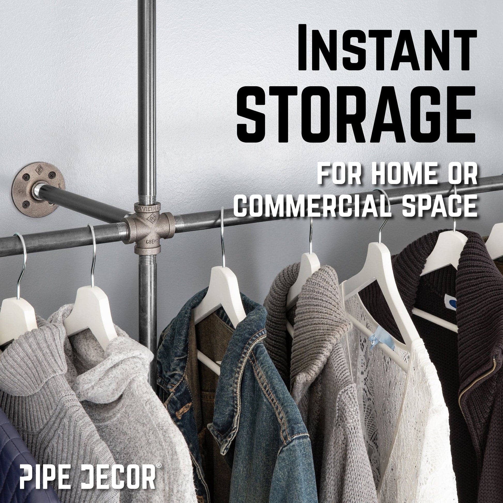 115 in. Wall Mounted Clothing Rack, Triple PIPE DECOR