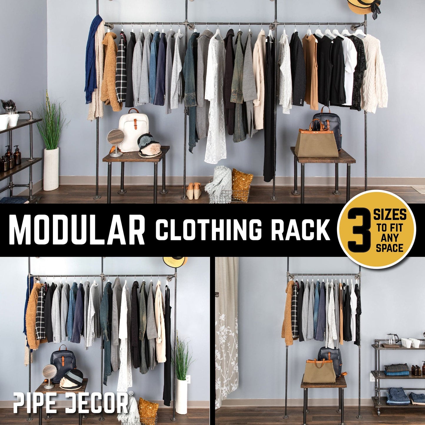 76.375 in. Wall Mounted Clothing Rack, Double PIPE DECOR