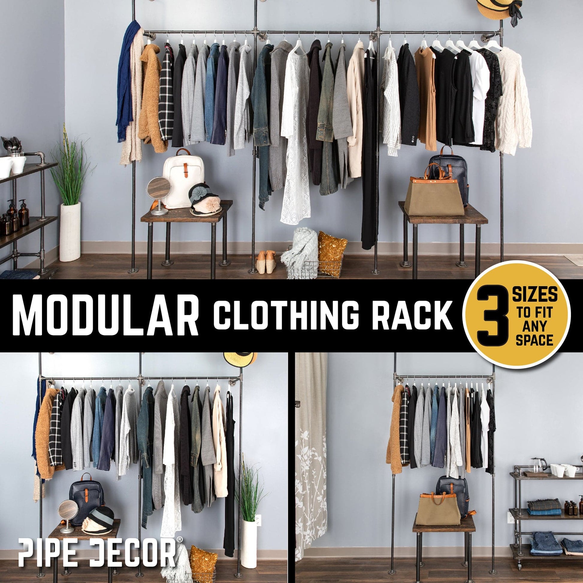 76.375 in. Wall Mounted Clothing Rack, Double PIPE DECOR