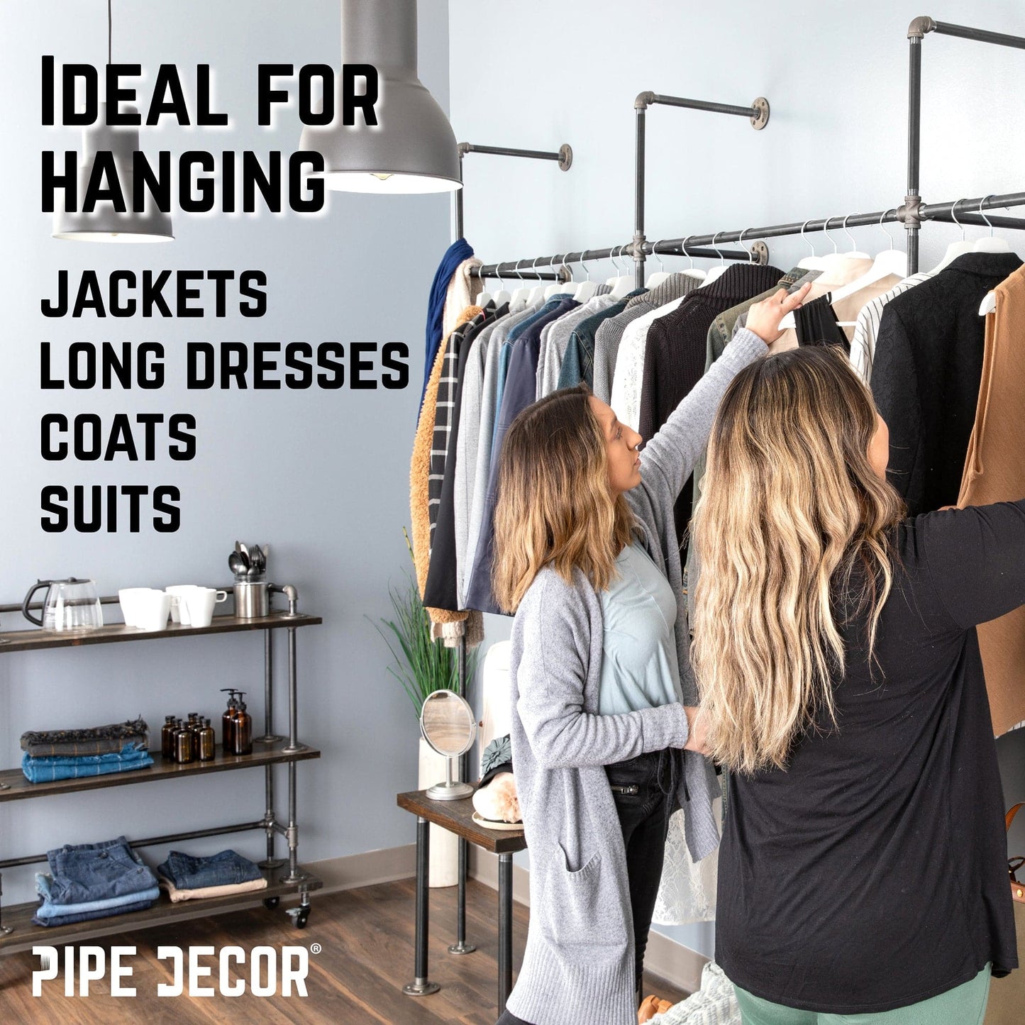 76.375 in. Wall Mounted Clothing Rack, Double PIPE DECOR