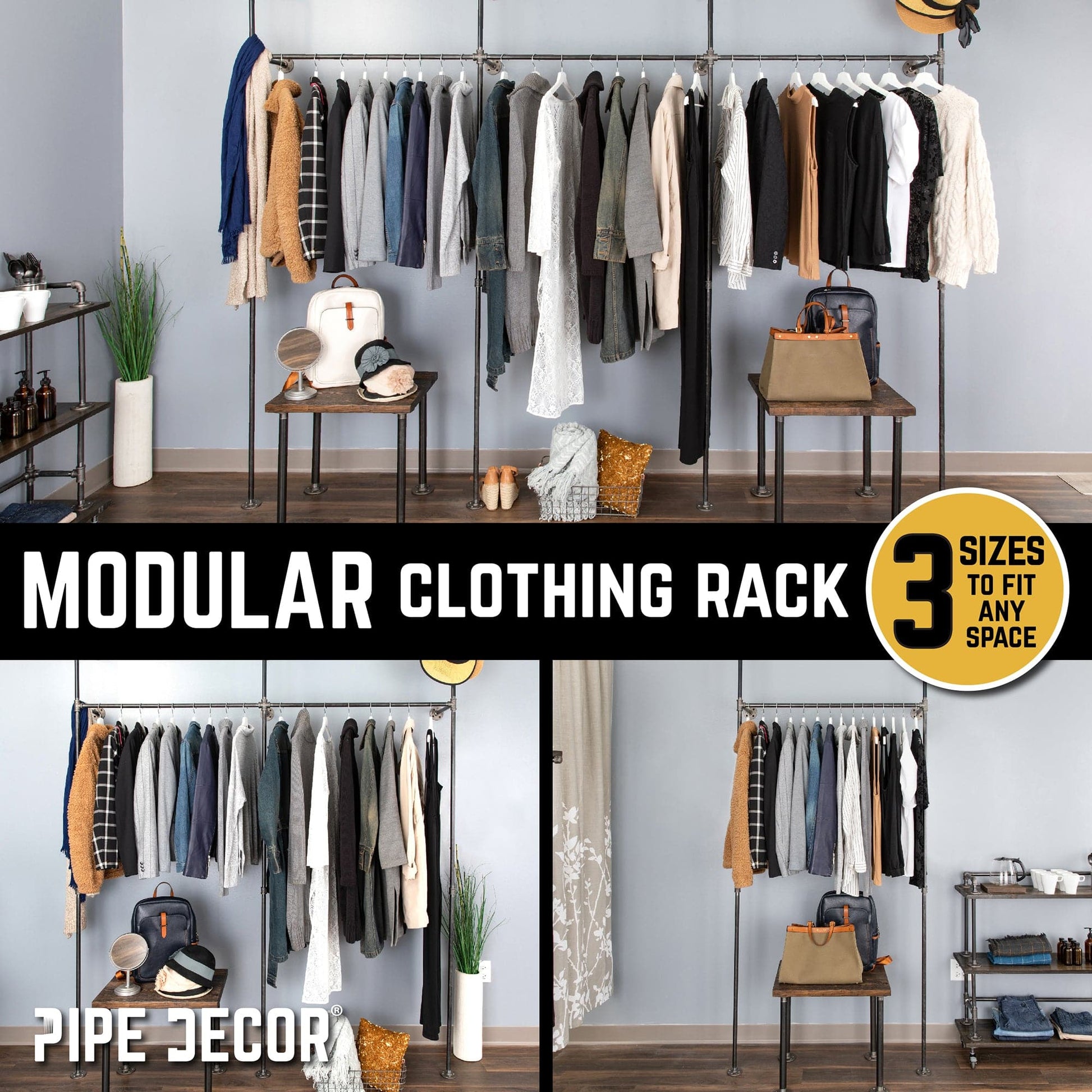 41 in. Wall Mounted Clothing Rack, Single PIPE DECOR