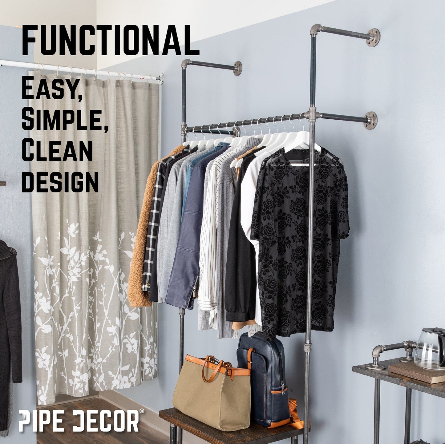 41 in. Wall Mounted Clothing Rack, Single PIPE DECOR