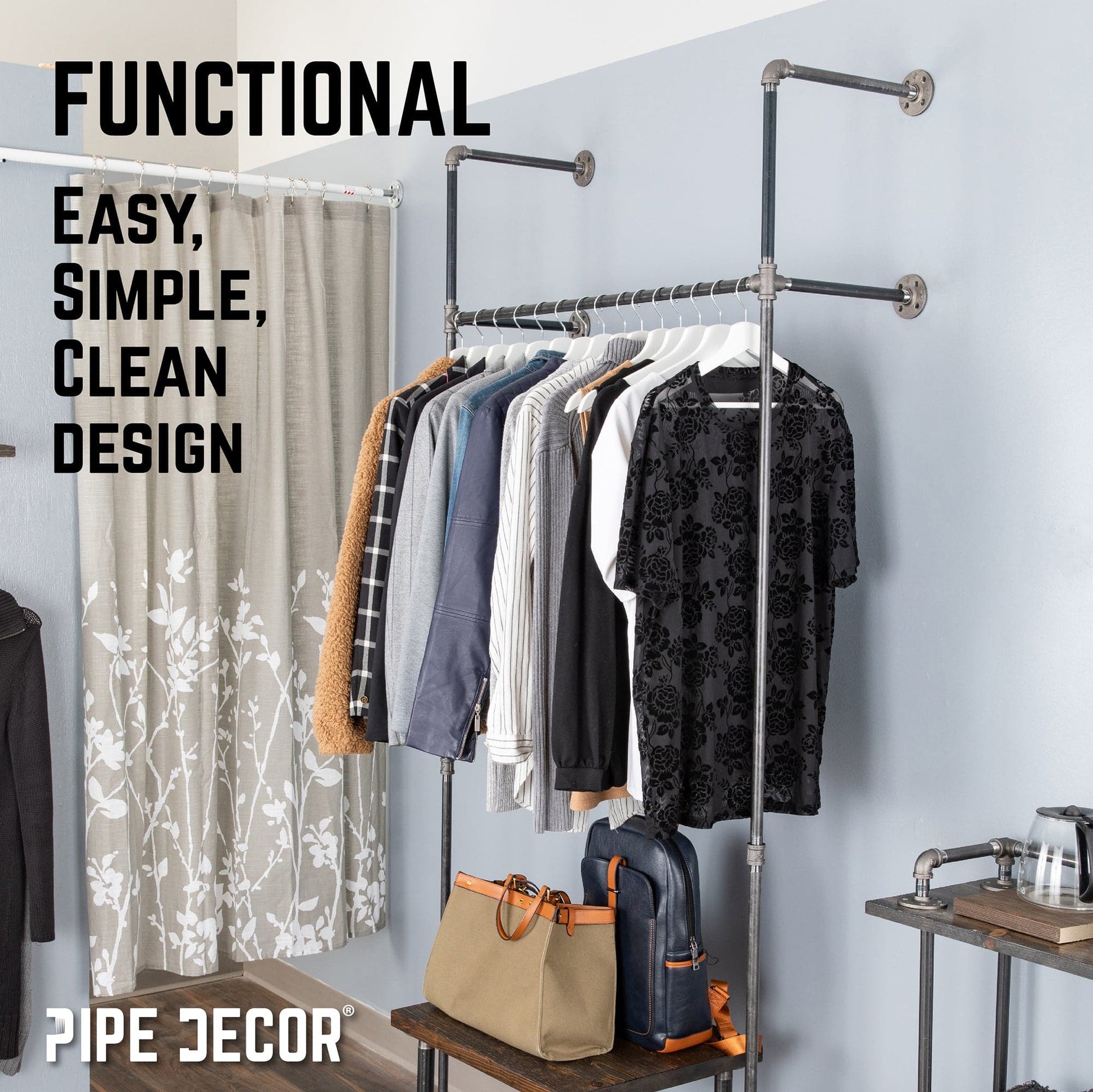 41 in. Wall Mounted Clothing Rack, Single PIPE DECOR