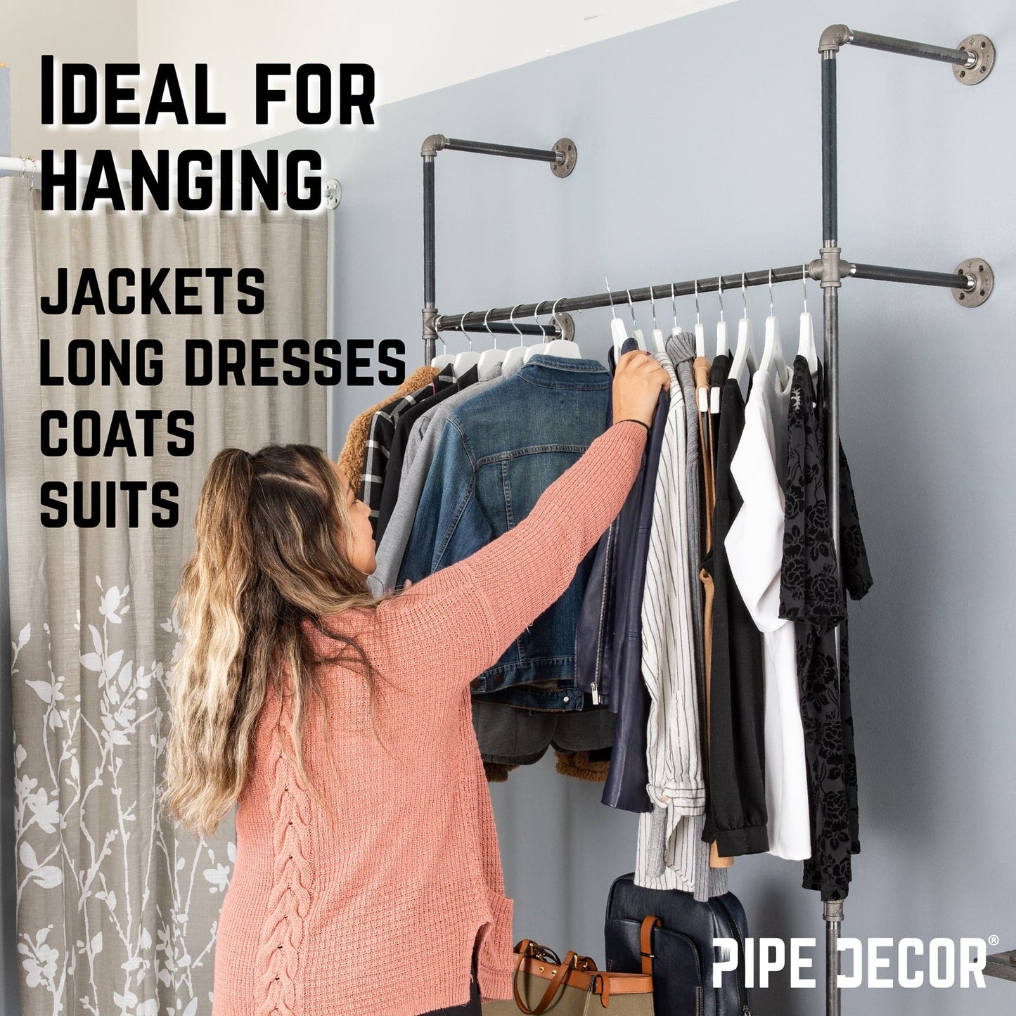 41 in. Wall Mounted Clothing Rack, Single PIPE DECOR