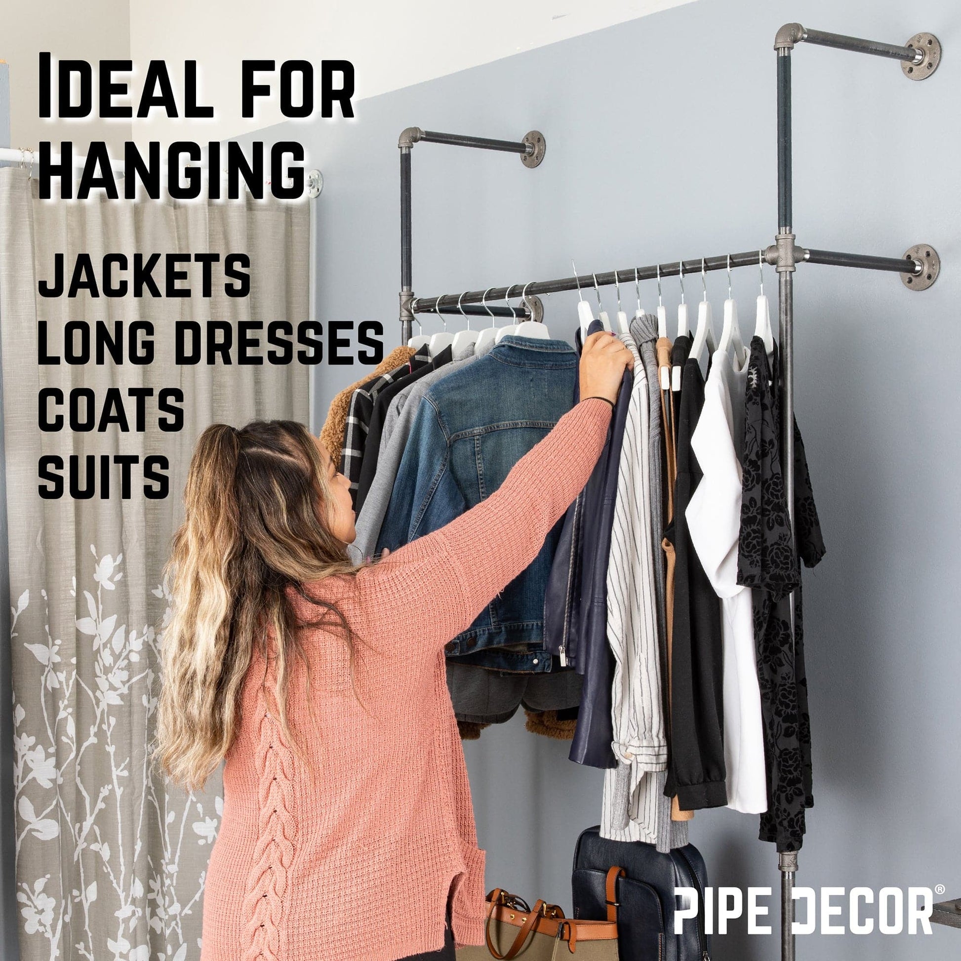 41 in. Wall Mounted Clothing Rack, Single PIPE DECOR