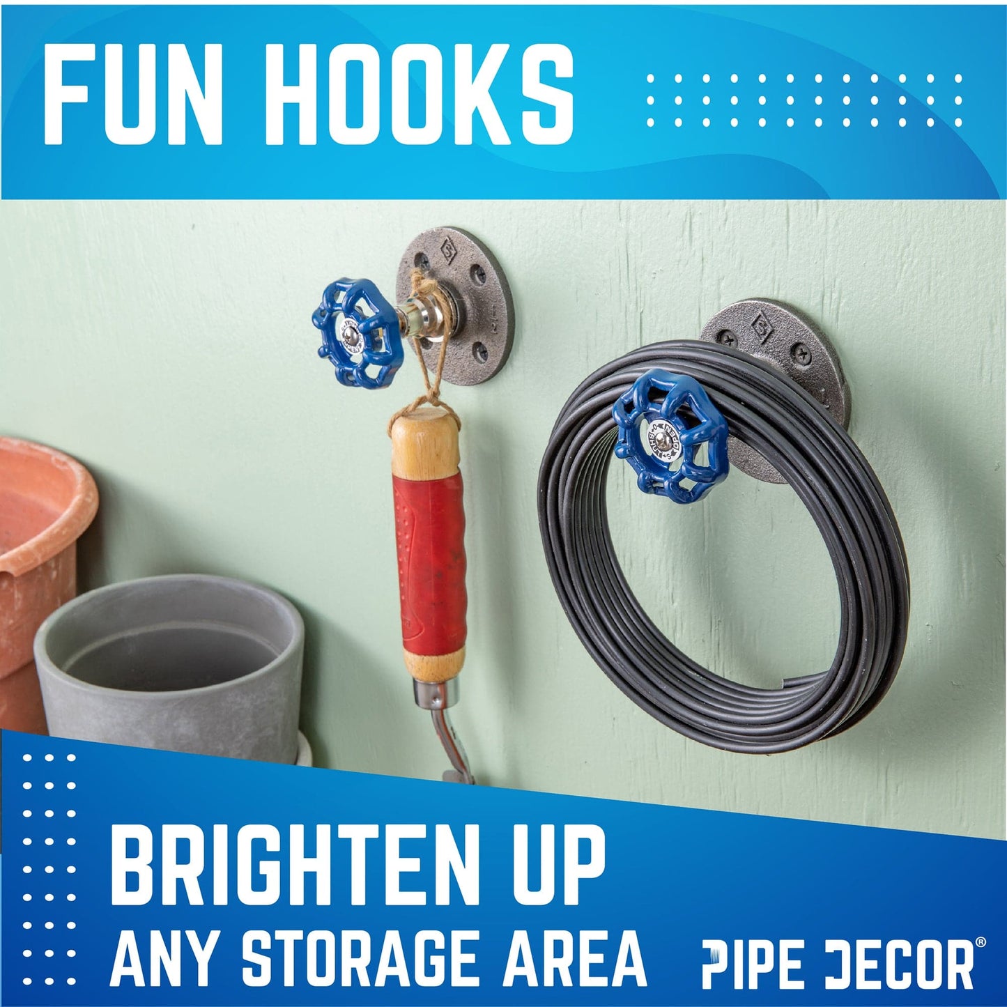 Blue Industrial Spigot Wall Hook with Flange (2-Pack) PIPE DECOR