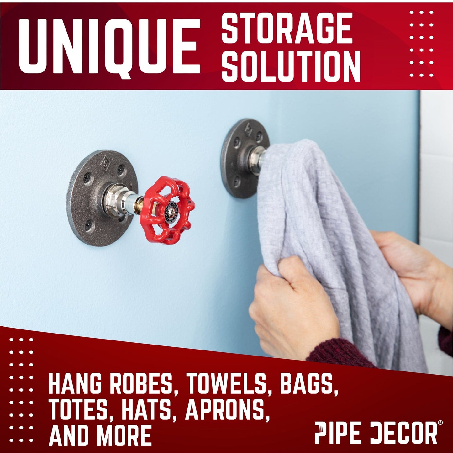 Red Industrial Spigot Wall Hook with Flange (2-Pack) PIPE DECOR
